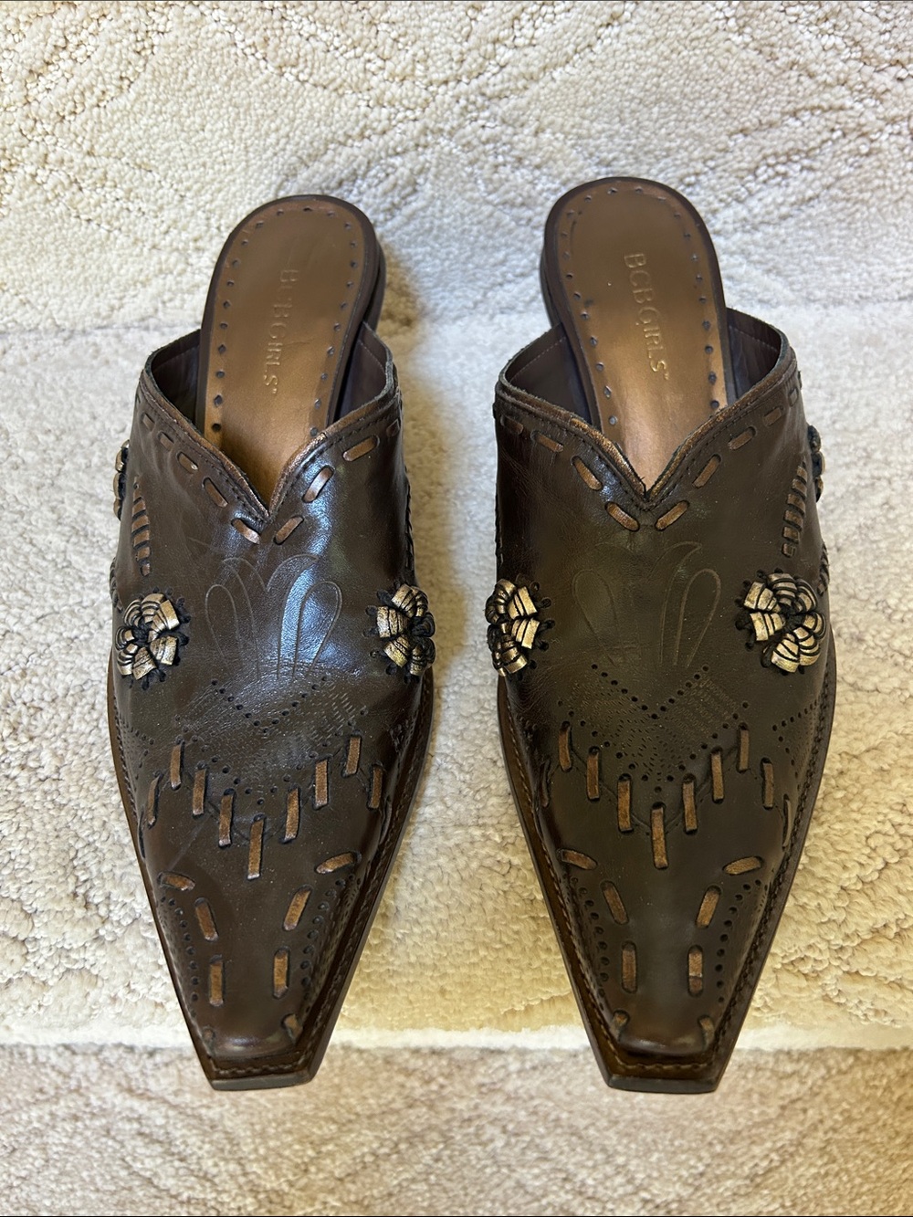 BCBGirls Dark Brown Leather Pointed Mule Slides with Floral Studs